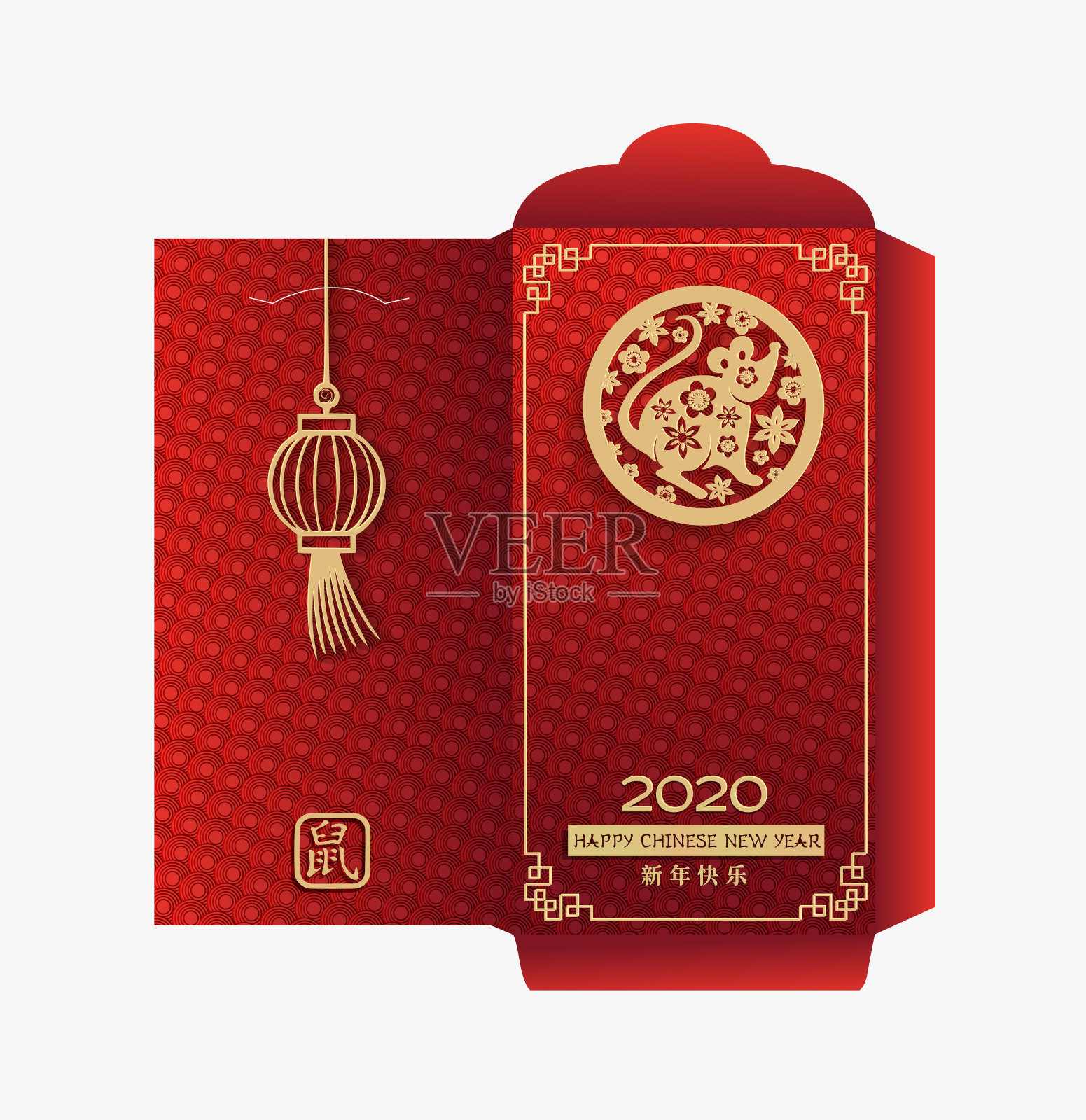 中国2020年的红包。十二生肖老鼠在圆圈标志与金纸剪纸艺术在红色的背景与灯笼。新年快乐，老鼠插画图片素材