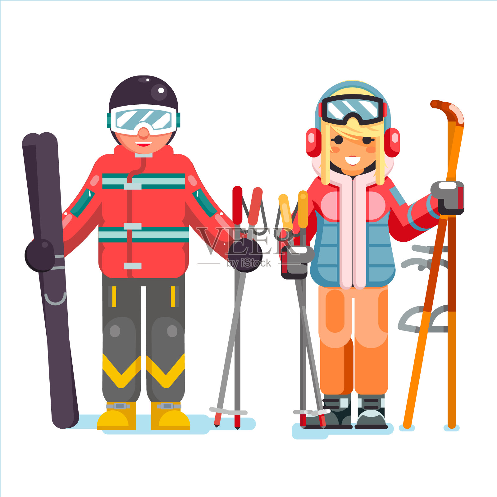 滑雪娱乐滑雪者山冬季山度假滑雪孤立平面设计矢量插图插画图片素材