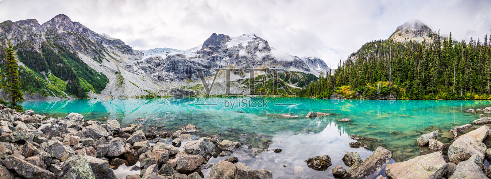 白天的山全景与美丽的绿松石冰川供给湖照片摄影图片