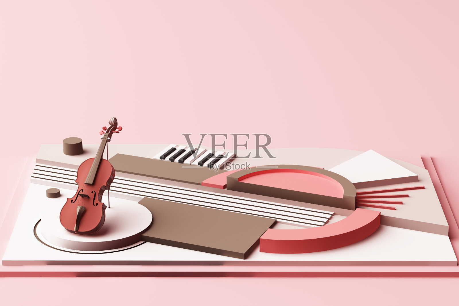 小提琴和乐器的概念，几何形状平台的抽象组成，粉色调。三维渲染照片摄影图片