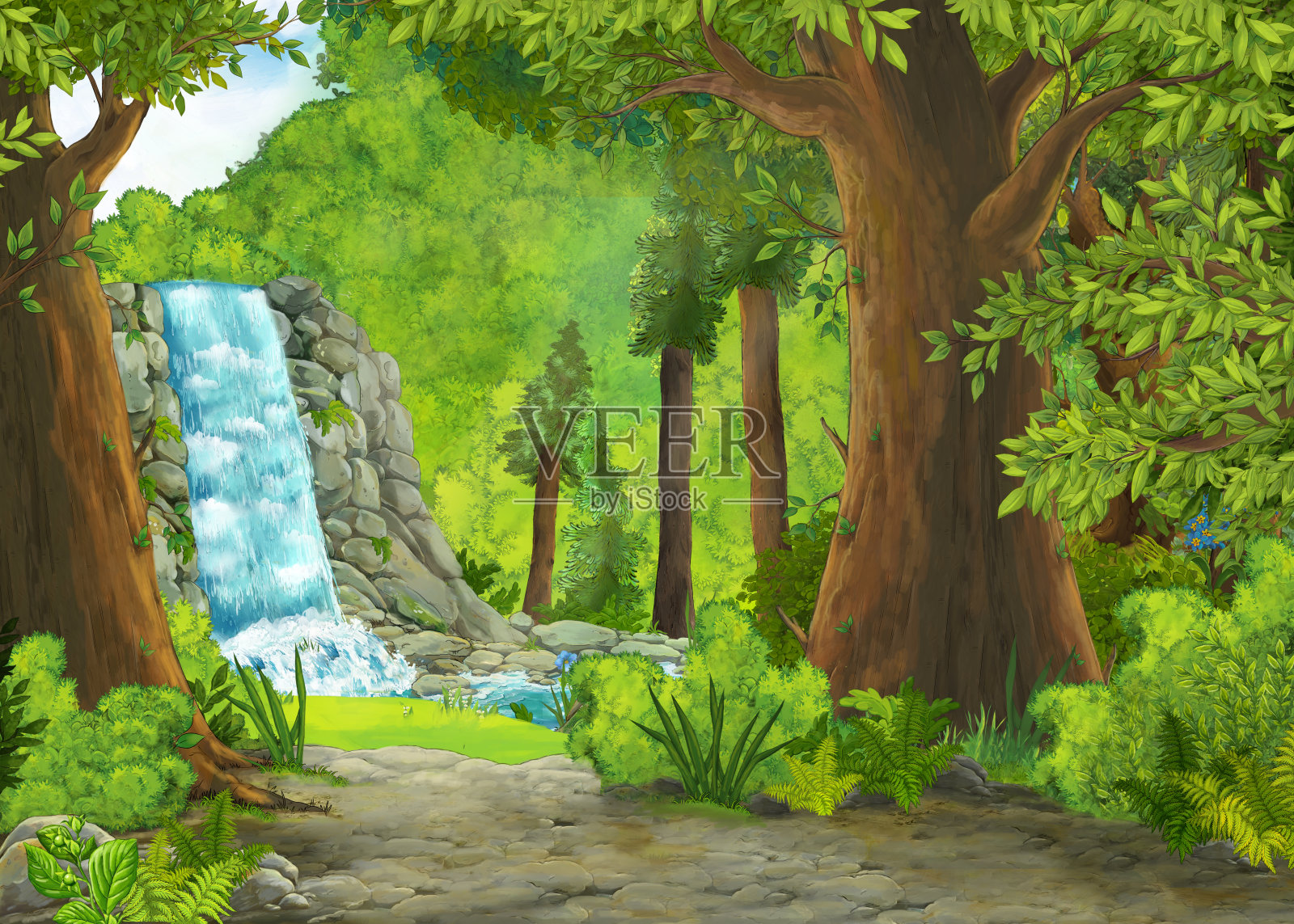 卡通夏季场景与草地在森林与瀑布和溪流插画图片素材