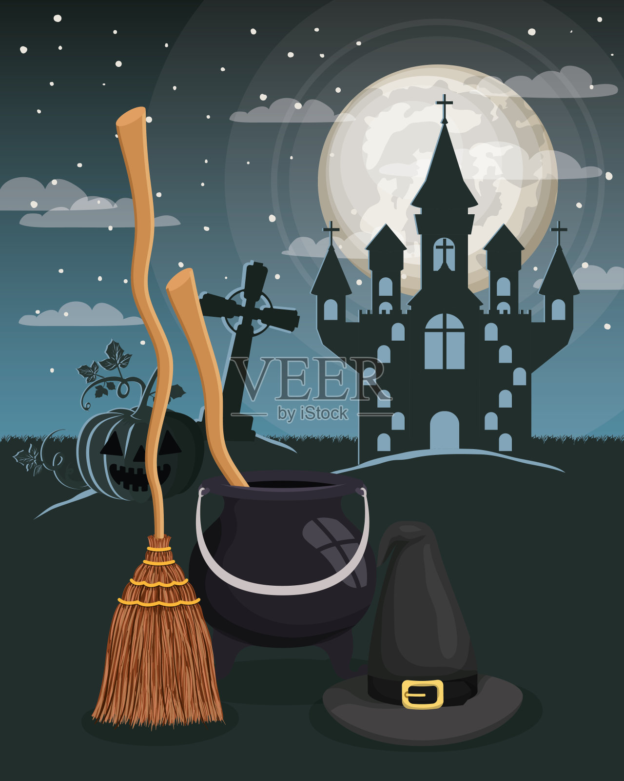 万圣节季节场景与城堡之夜插画图片素材