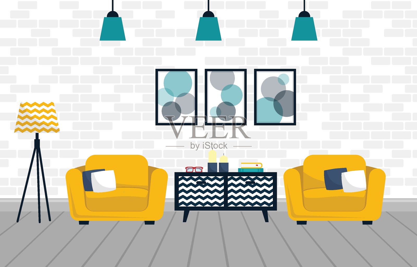 客厅的内部。设计一个舒适的房间，有扶手椅，床头柜，灯和装饰配件插画图片素材