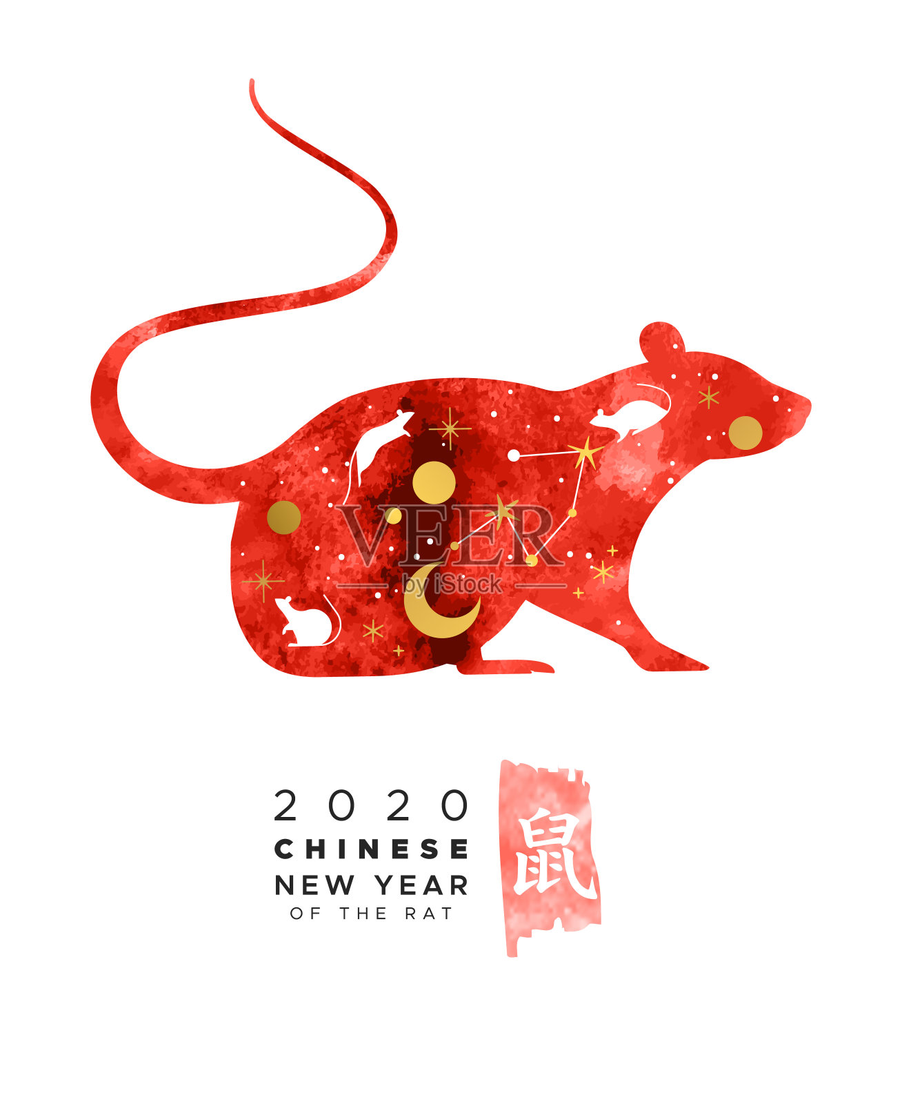 2020年农历新年红水彩占星鼠插画图片素材