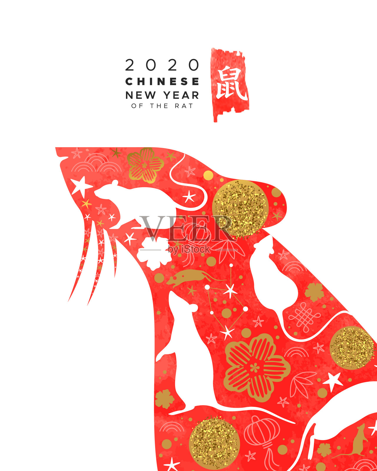 中国新年2020红水彩鼠旗设计元素图片