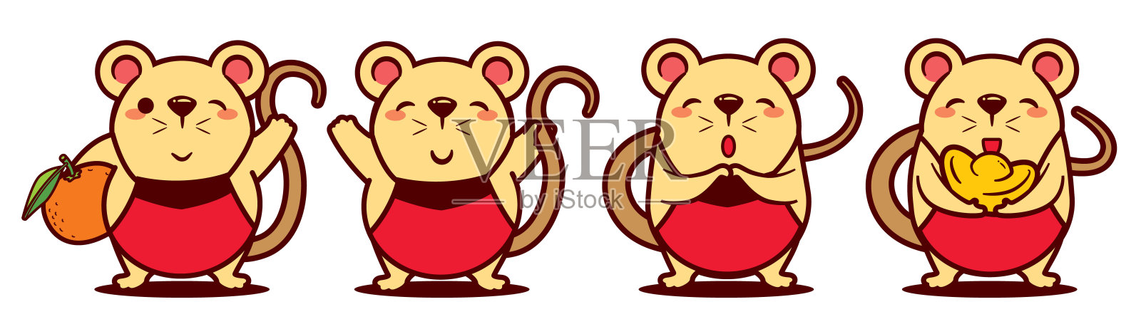 卡通可爱的老鼠设置与中国豆豆服装。中国新年。鼠年。——矢量插画图片素材
