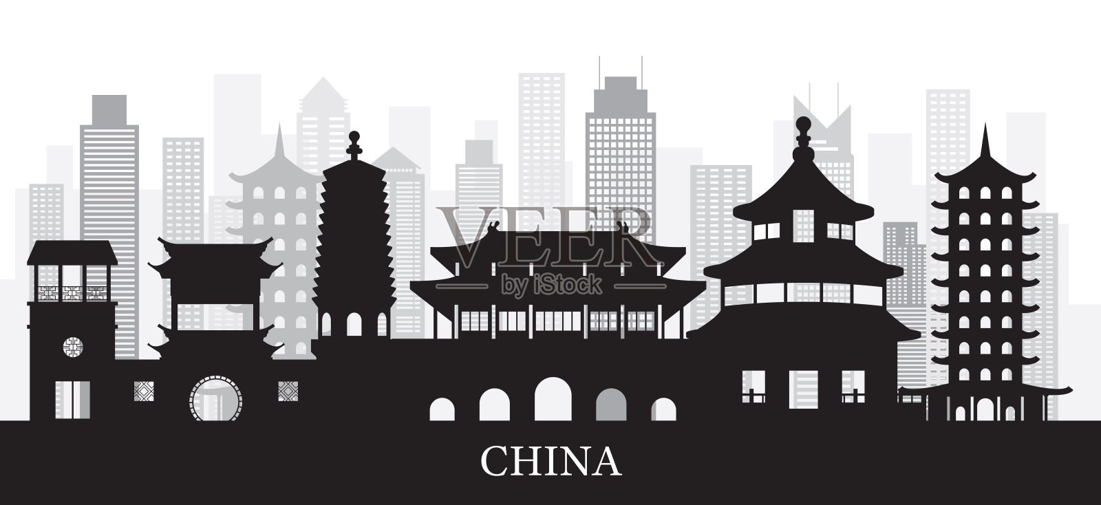 中国天际线地标剪影背景插画图片素材