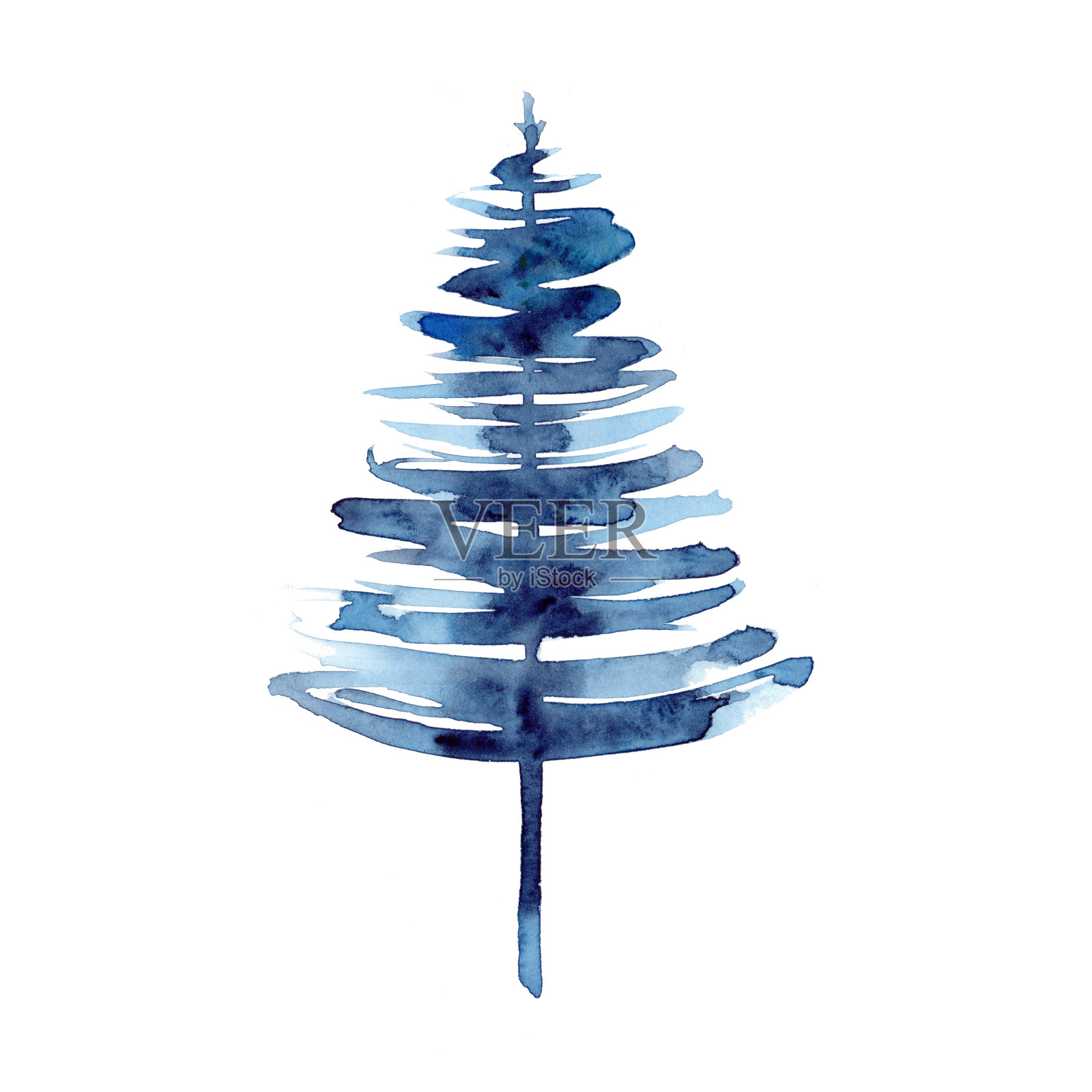 水彩冬季蓝色圣诞树孤立的白色背景。手绘插图印刷，纹理，墙纸或元素。美丽的水彩画艺术。最小的风格插画图片素材