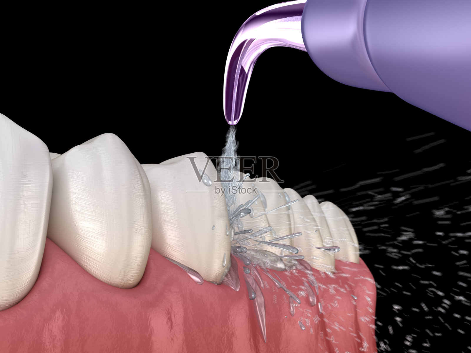 冲洗器，用水清洗牙齿。口腔卫生的医学精确3D插图。照片摄影图片