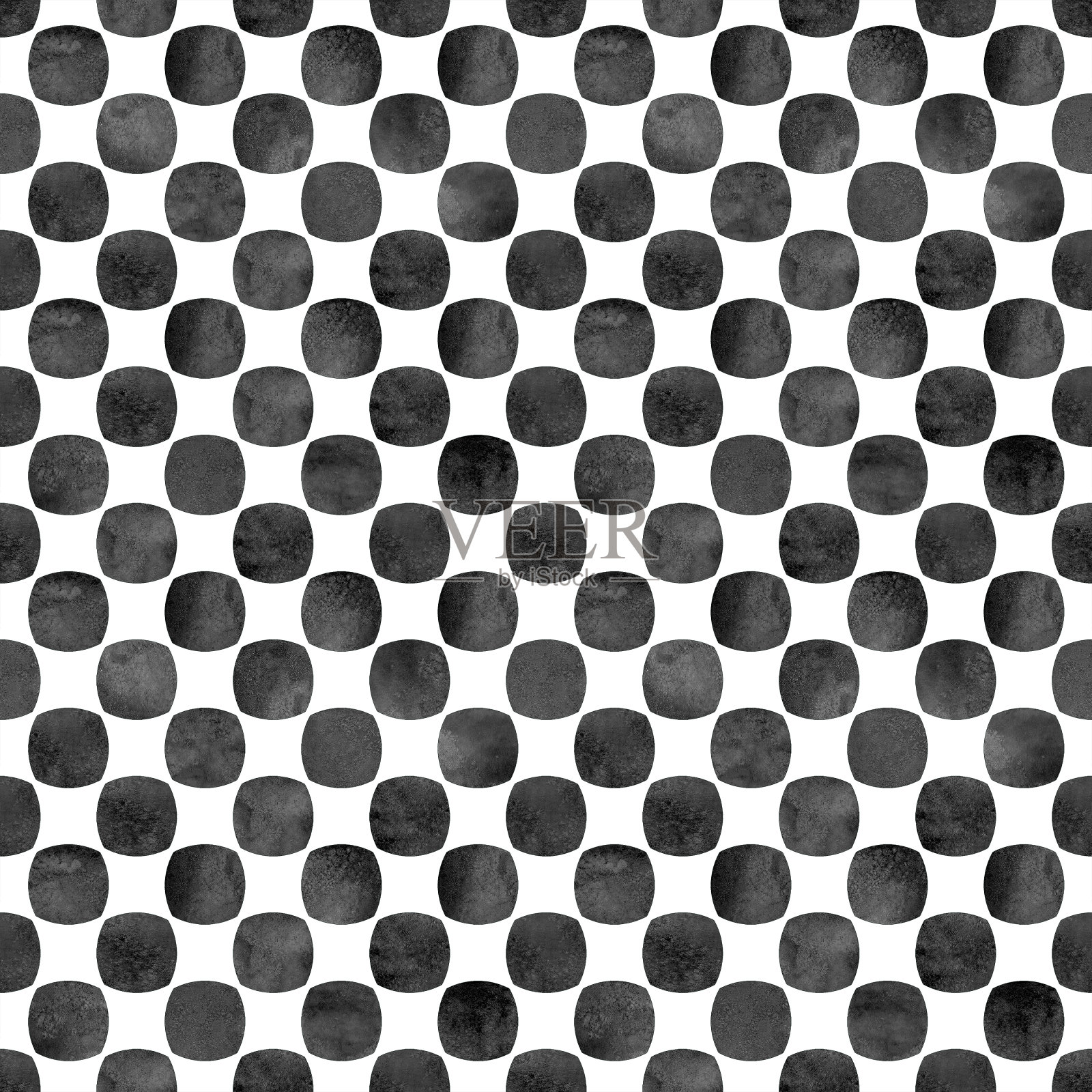 无缝几何图案与垃圾水彩抽象圆形黑色形状在白色的背景。插画图片素材