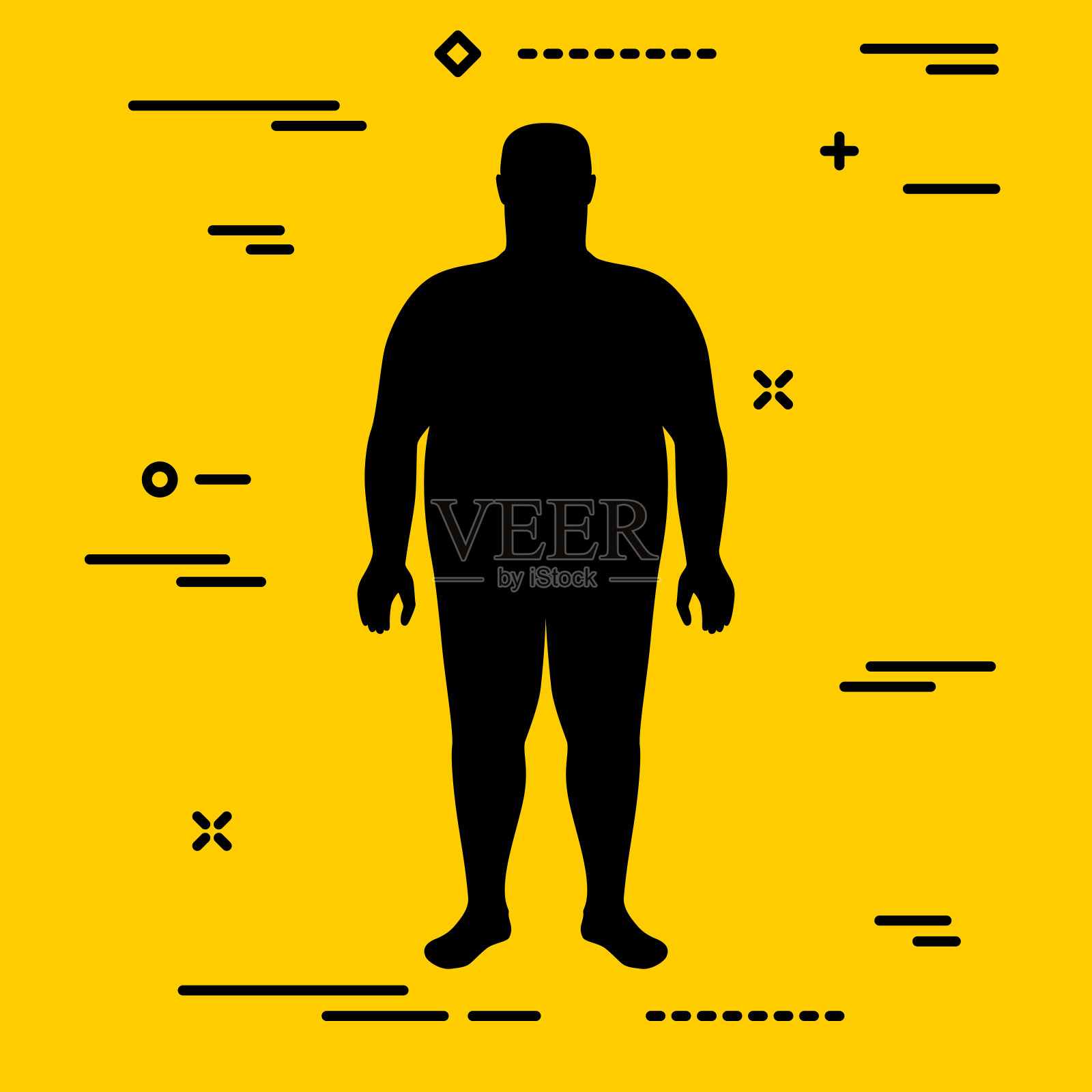 在黄色背景上，平黑色表示体重指数极度肥胖阶段的男性轮廓插画图片素材