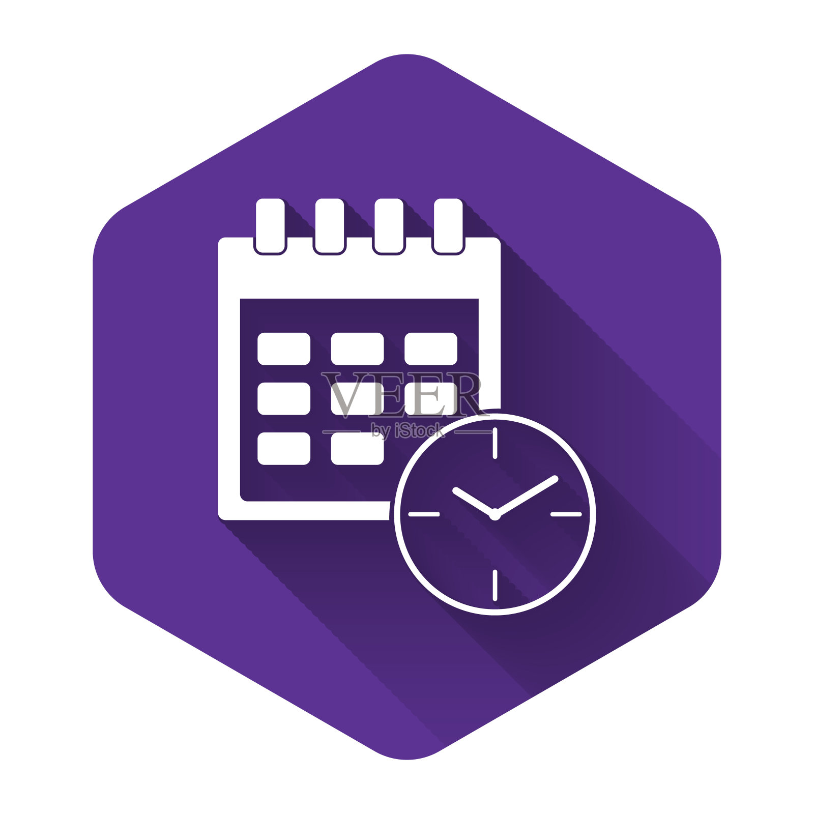白色日历和时钟图标孤立与长影子。进度表，预约，组织者，时间表，时间管理，重要日期。日期和时间标记。紫色的六角按钮。矢量图插画图片素材