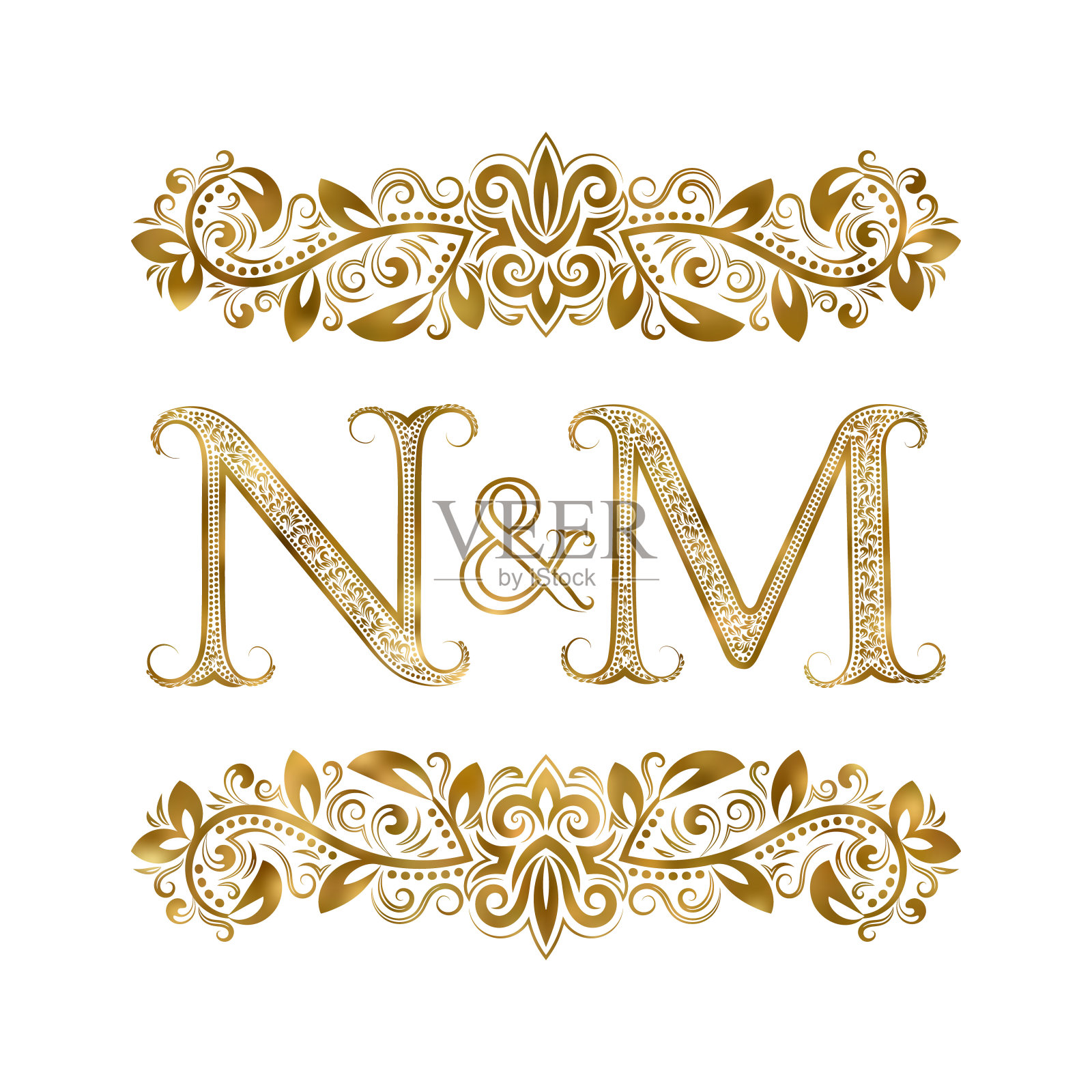 N和M vintage首字母符号。字母周围有装饰元素。皇室风格的婚礼或商业伙伴的字母组合。插画图片素材
