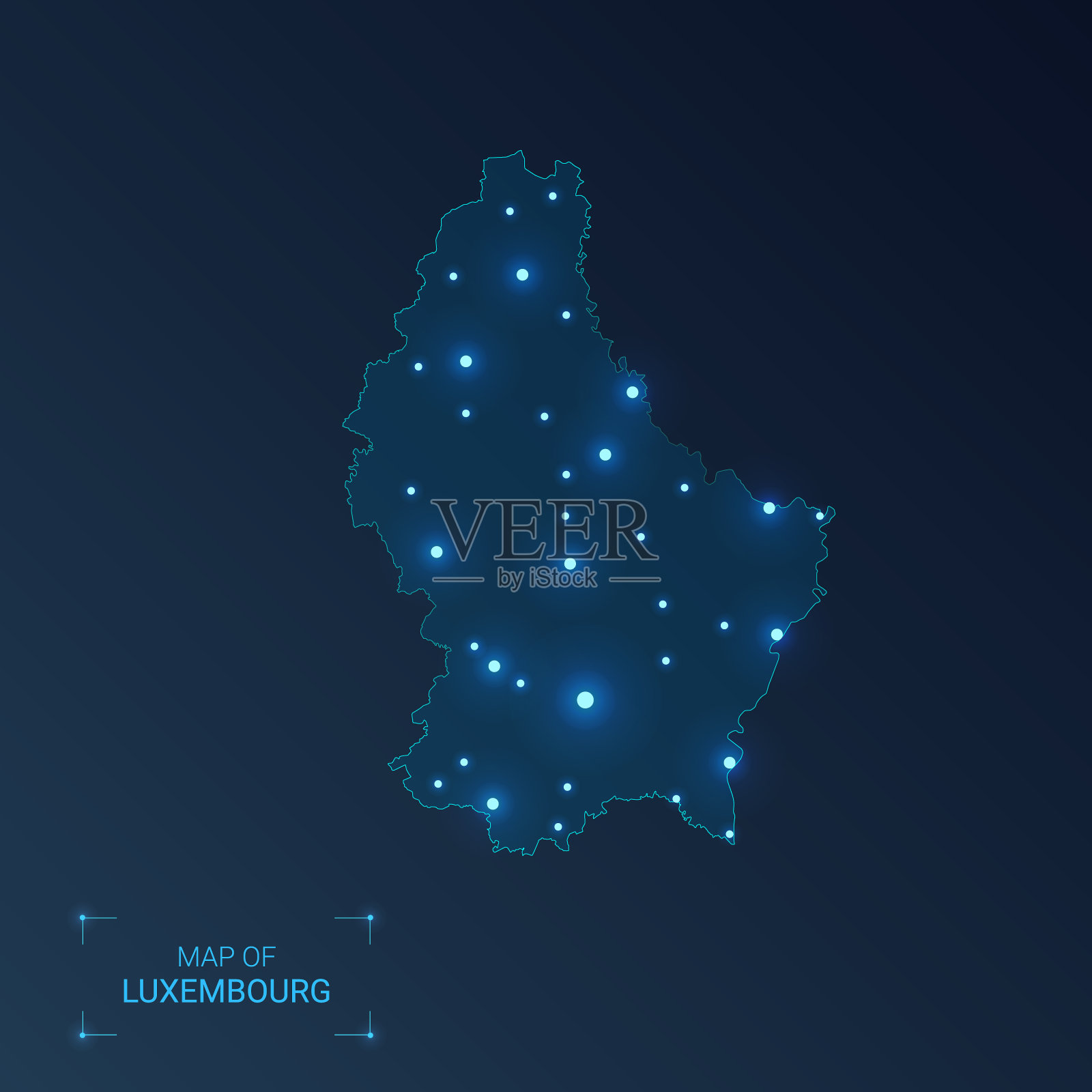 卢森堡地图与城市。发光点-在黑暗背景上的霓虹灯。矢量插图。插画图片素材