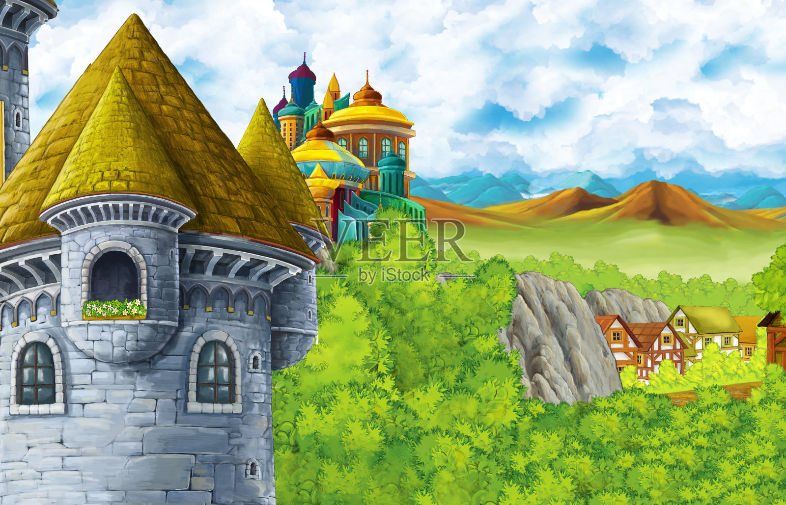 卡通场景与王国城堡和山谷附近的森林和农场村庄插画图片素材