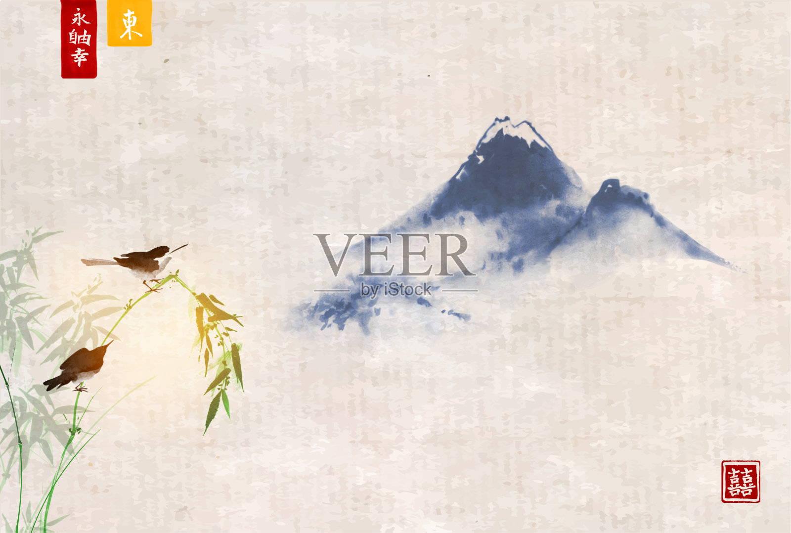 两只鸟在竹子和遥远的蓝山。传统的东方水墨画粟娥、月仙、围棋。象形文字-永恒，自由，幸福，东方插画图片素材