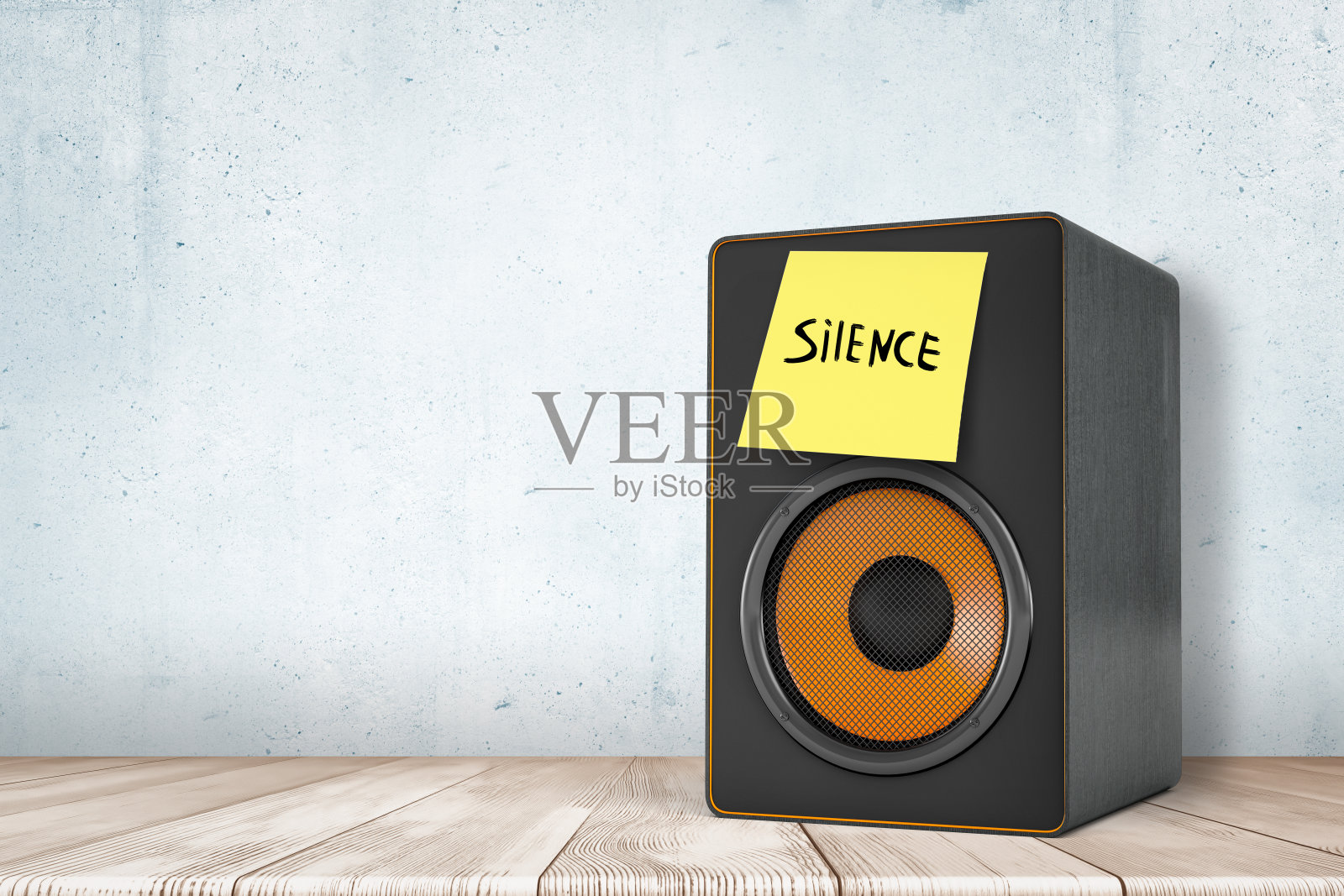 3d渲染的黑色音频柱扬声器与黄色便利贴“沉默”，站在木制表面。照片摄影图片