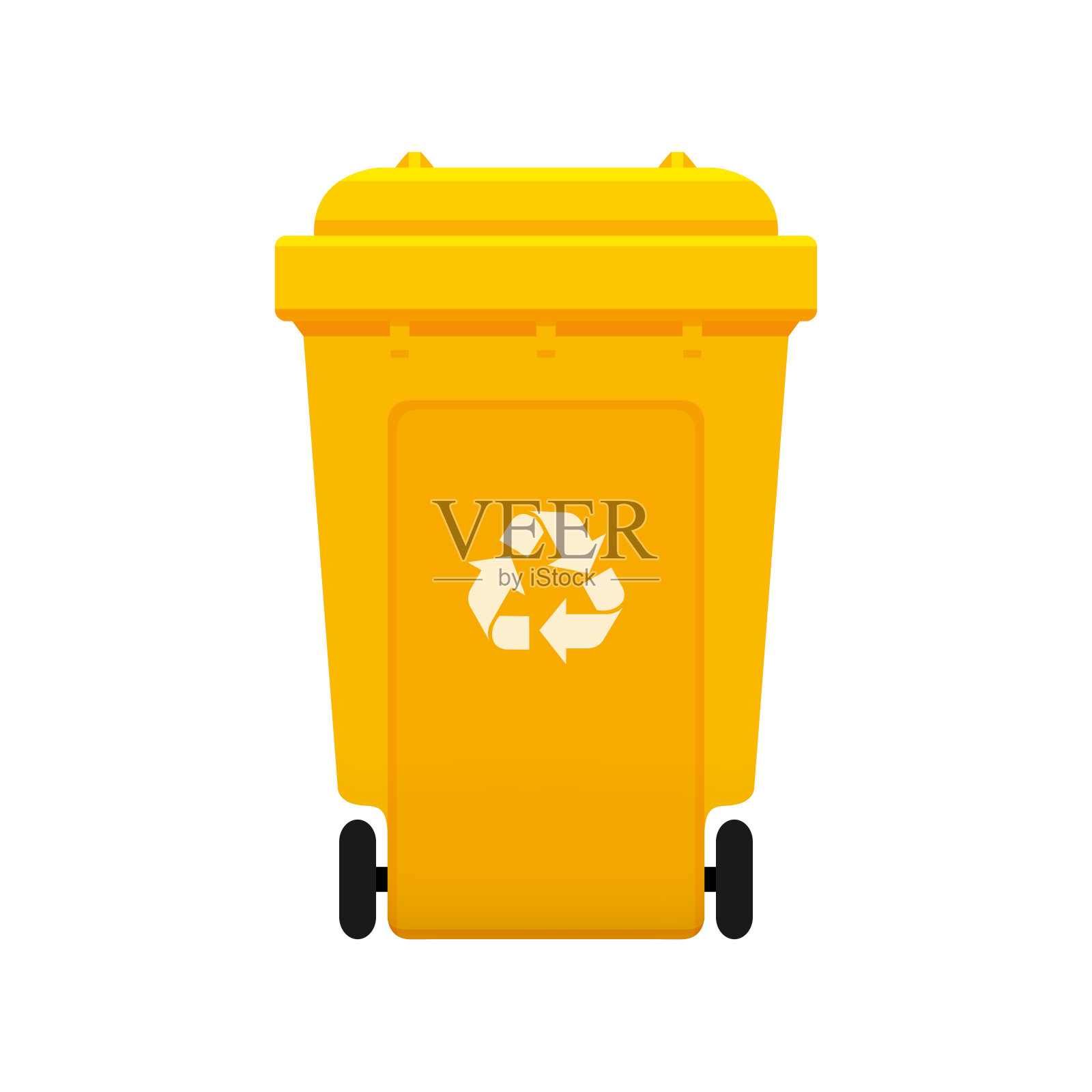 回收箱，白色背景上的可循环塑料黄色轮状回收箱，带有可循环废物标志的黄色轮状回收箱正面视图，表示垃圾废物设计元素图片