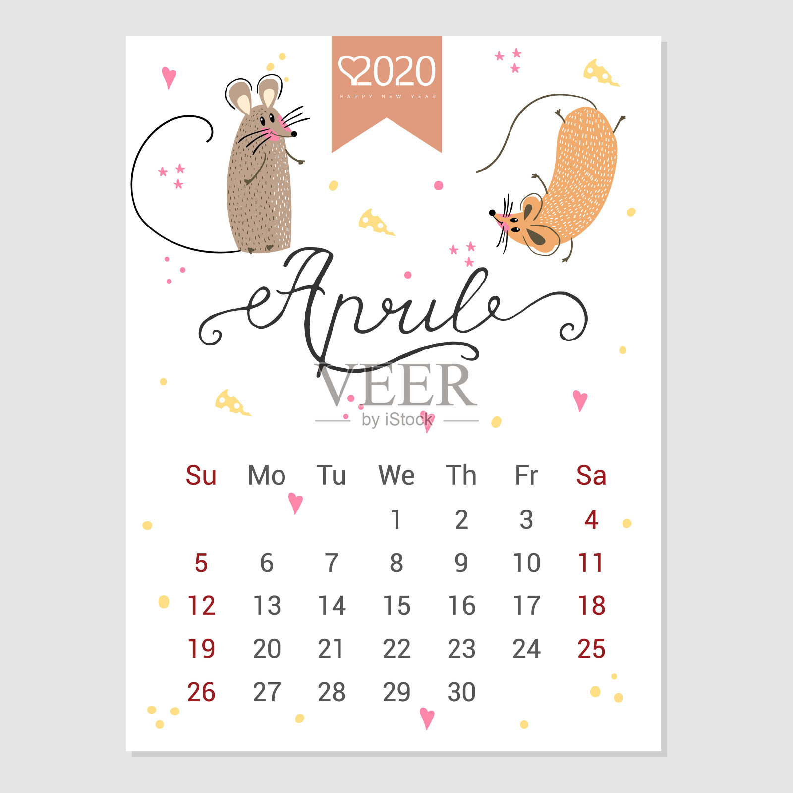 2020年4月日历。可爱的月历与老鼠。手绘风格字符。鼠年。设计模板素材