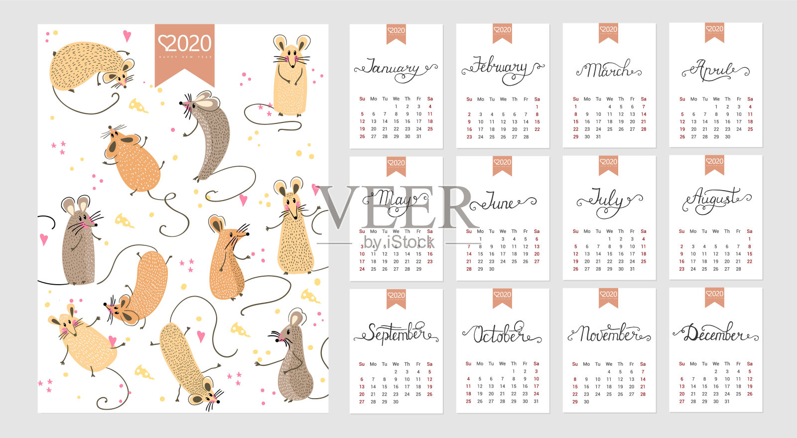 2020年日历。可爱的月历与老鼠。手绘风格字符。鼠年。设计模板素材