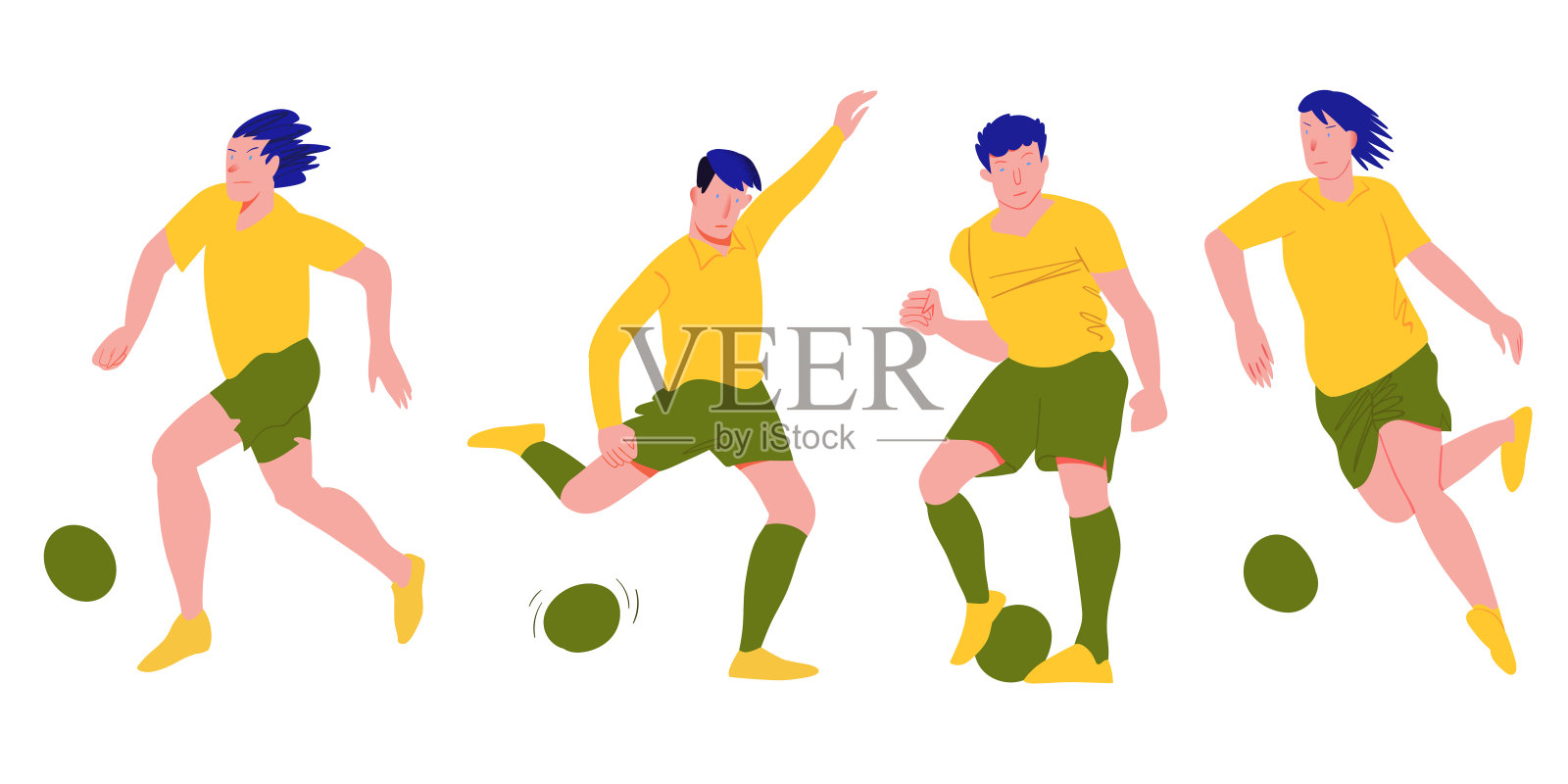 足球运动员。穿制服的足球队员。人们在动态的姿势。卡通平面矢量插图。孤立的对象。插画图片素材