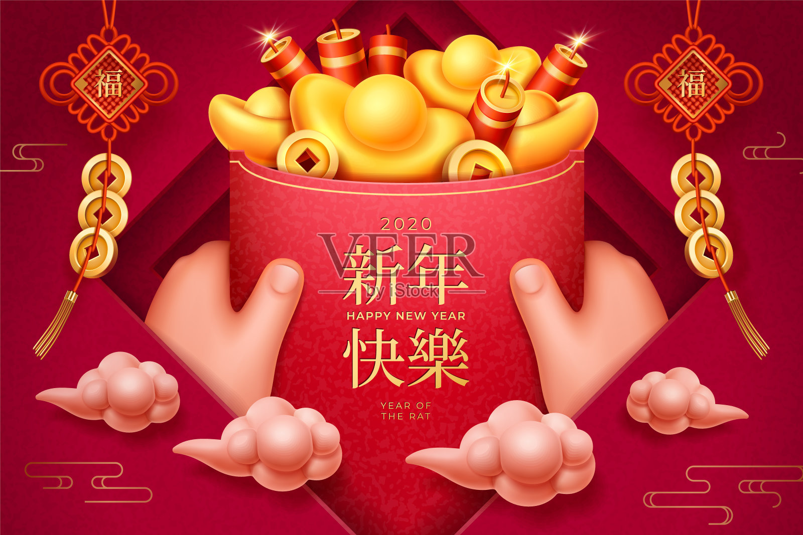 2020年春节或中国新年海报，快乐中国节日贺卡，金元宝和烟花，打结装饰和云，亚洲书法和手拿红包。节日设计模板素材