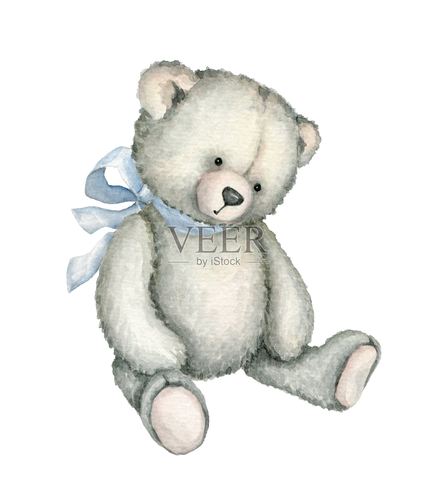 手绘水彩画的泰迪熊与蓝色蝴蝶结设计元素图片