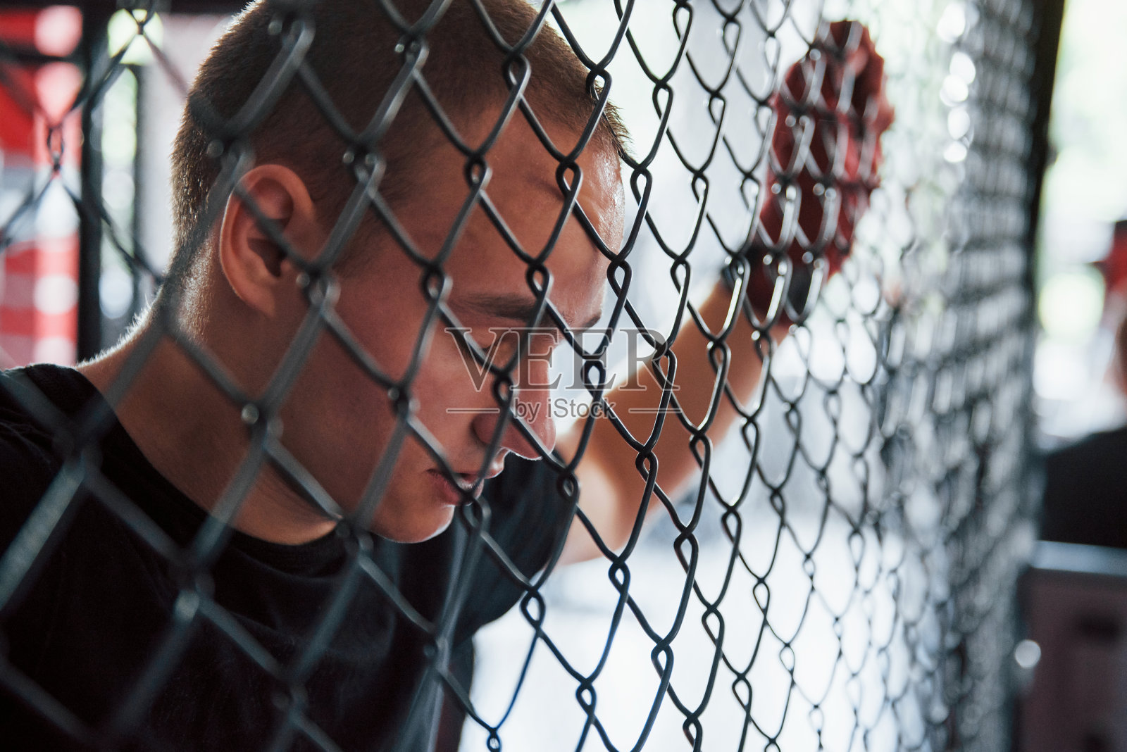 侧视图。休息。运动员在拳击台上锻炼身体。靠在篱笆上照片摄影图片