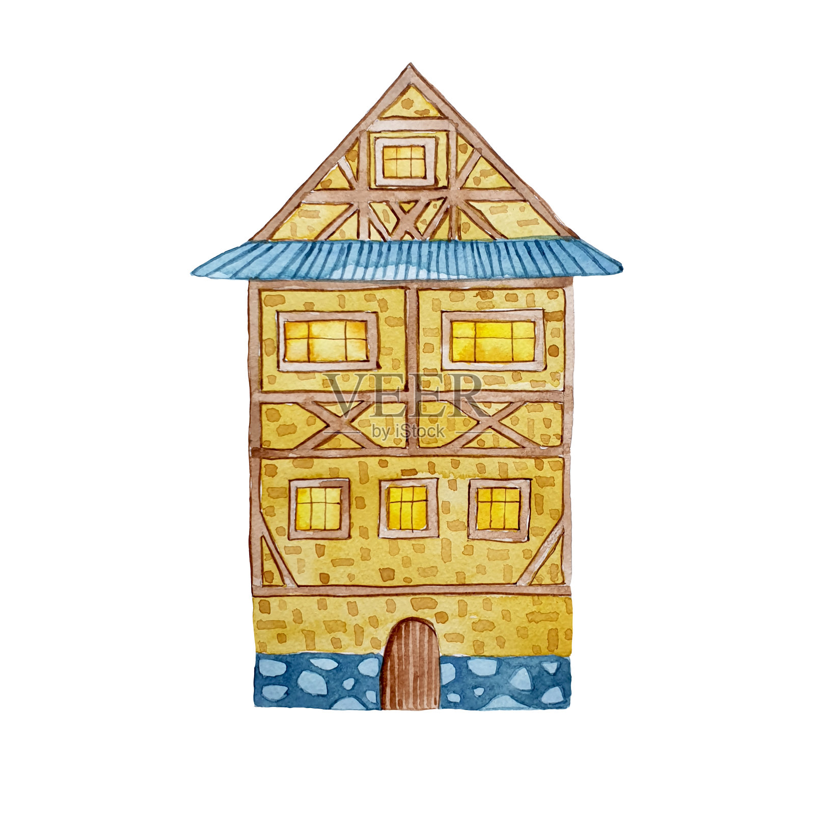 水彩手绘欧洲砖法赫维克房子与木门上的白色背景设计元素图片