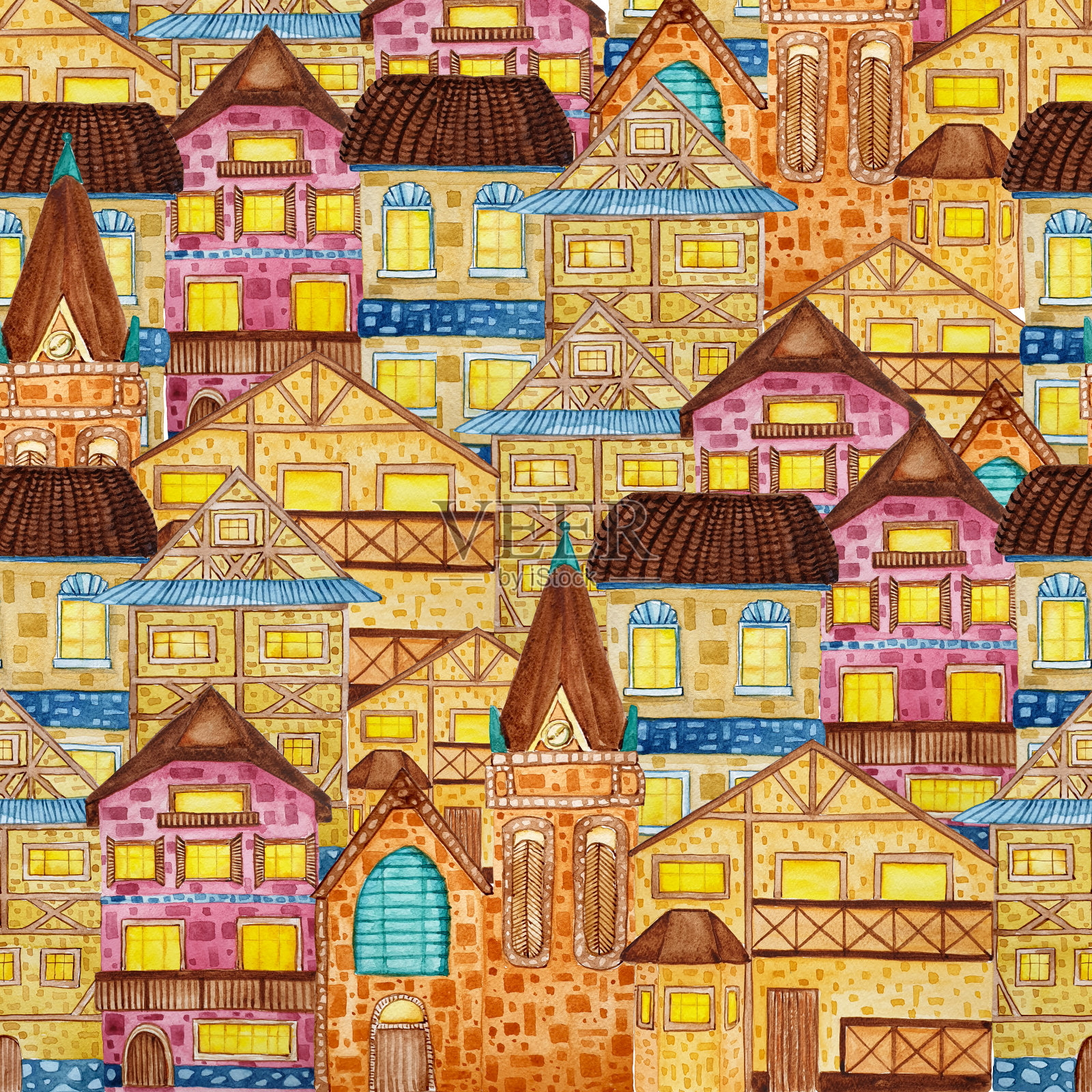 背景与水彩手绘老欧洲砖房。完美的包装纸，网页背景。插画图片素材
