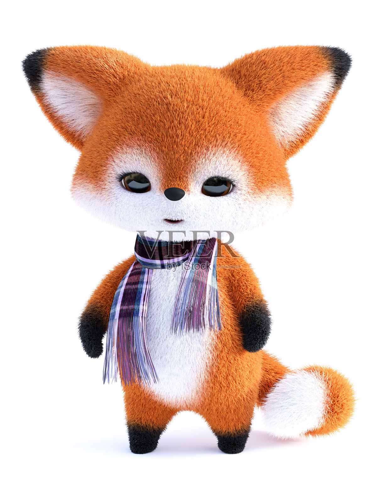 一个卡哇伊卡通狐狸戴围巾的3D渲染。照片摄影图片