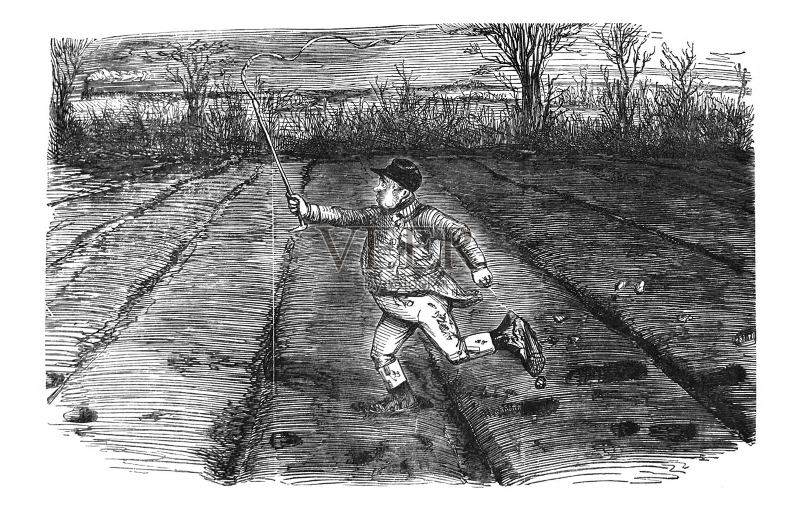 英国讽刺漫画漫画插图，一个人带着马鞭跑过田野，他的马丢了插画图片素材