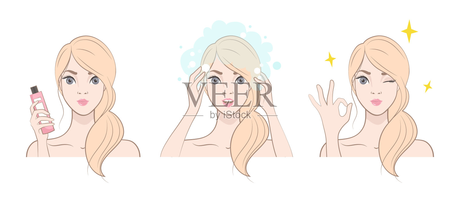 的图标集。美丽的金发女孩在洗头。图像孤立的白色背景。插画图片素材