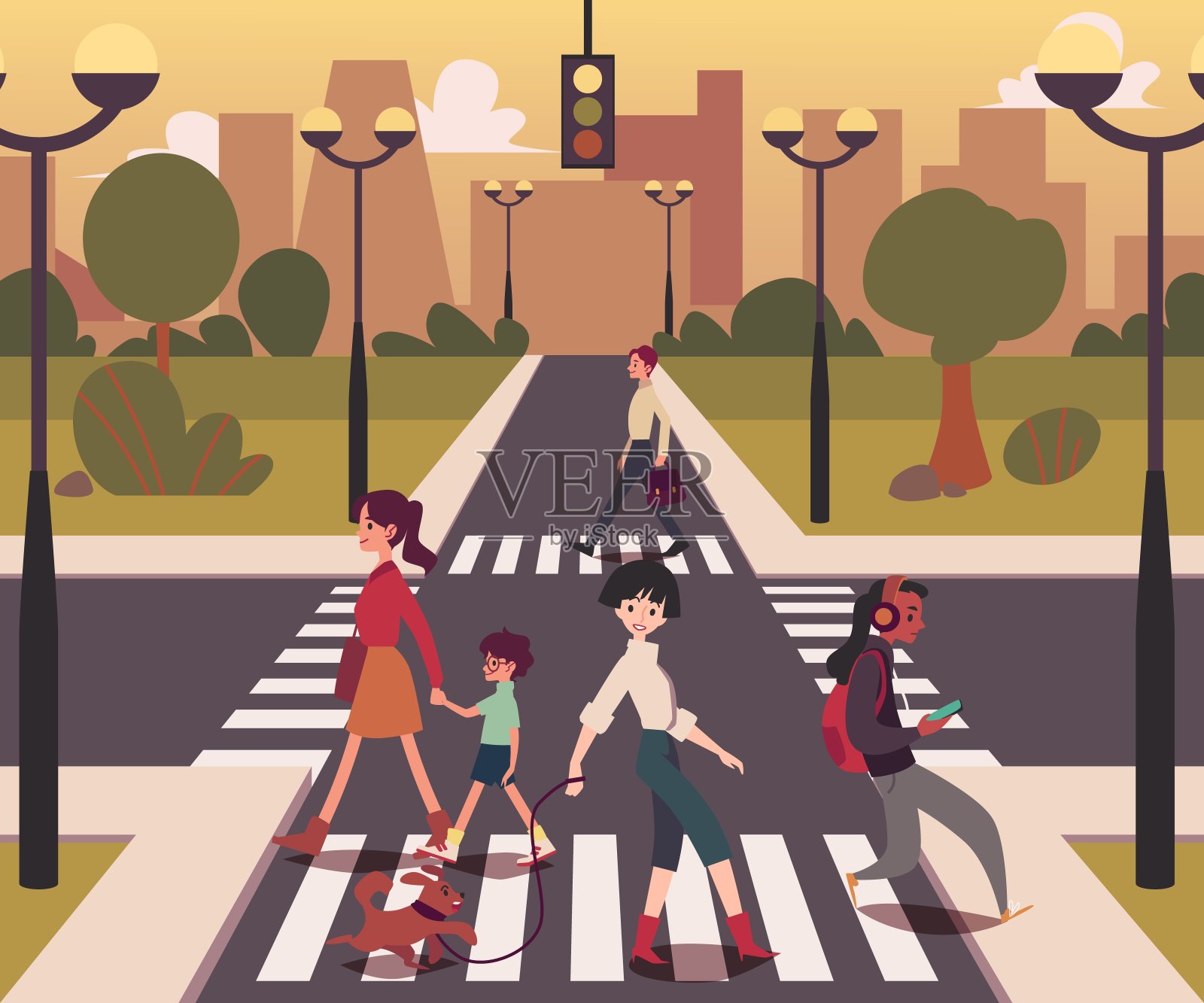 卡通人物过马路，男人和女人在空的十字路口走在城市的背景插画图片素材