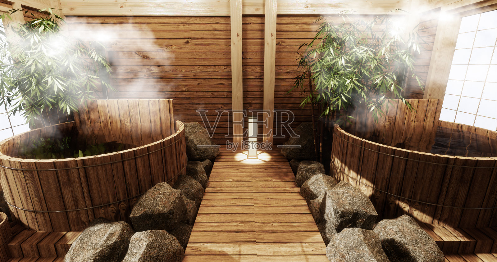 温泉房内饰以木质浴室和日式木质装饰。三维渲染照片摄影图片