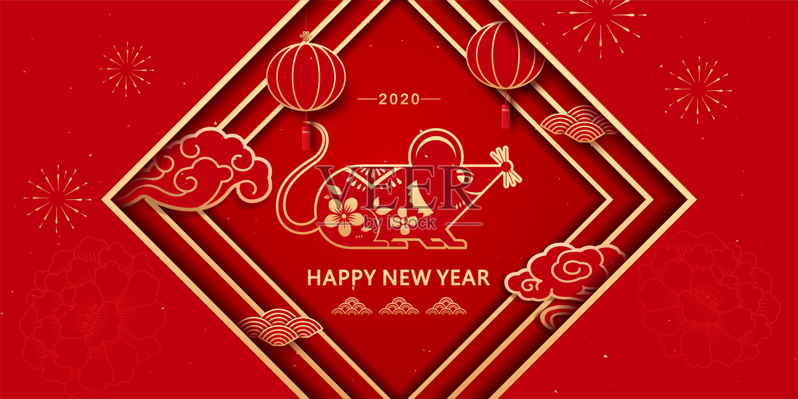 2020鼠年，老鼠剪纸或窗框，红灯笼和祥云，春节夫妇上的字:新年快乐，新年卡片设计模板素材