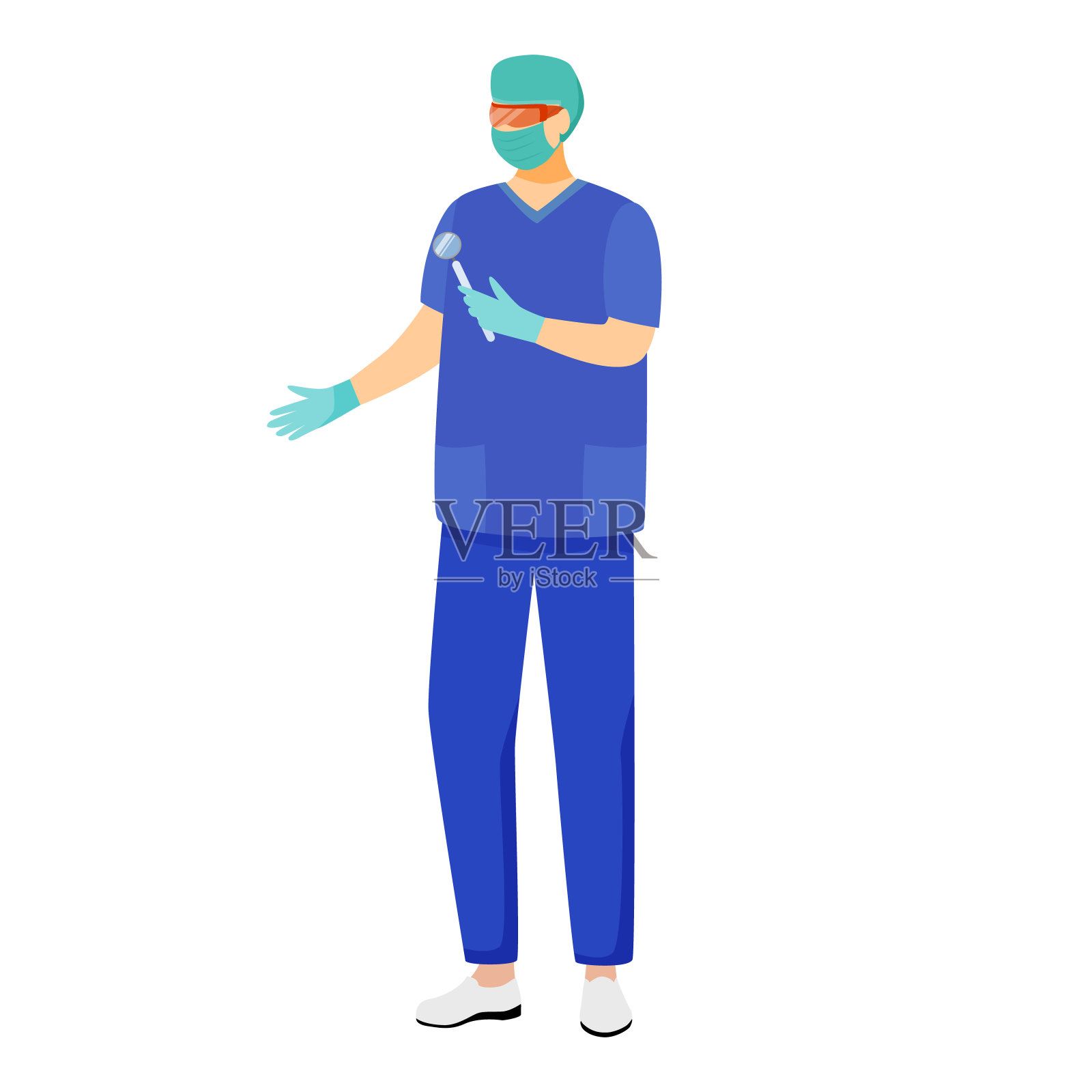 牙医平面矢量插图。戴着医用口罩的牙科医生。全科医生，穿着蓝色制服的医生。医生准备好做手术了医生卡通人物插画图片素材