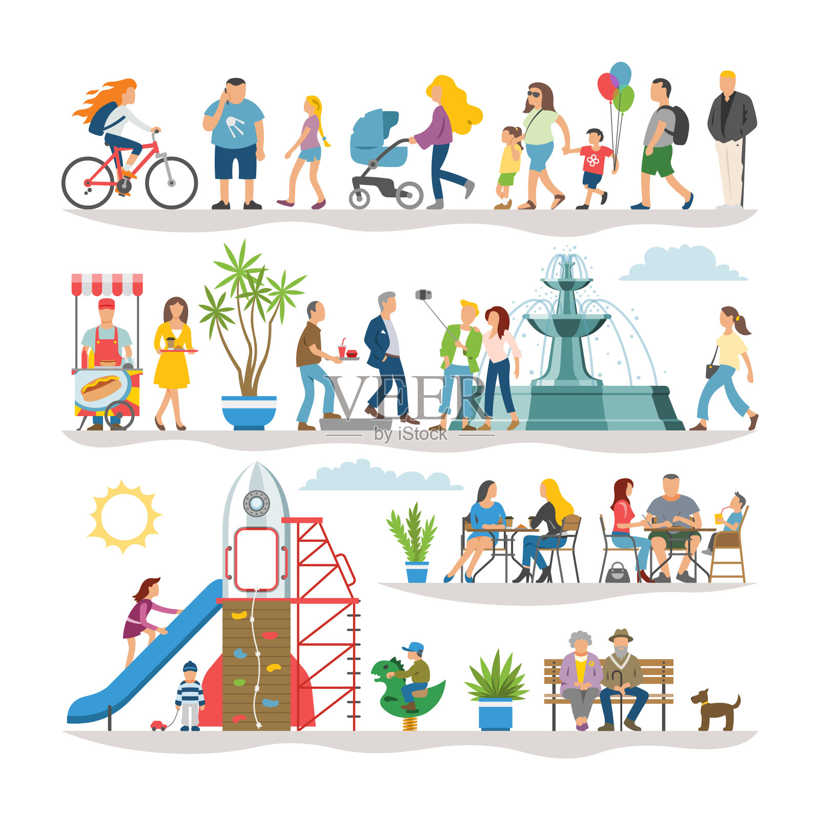 平面插图集简单的人物行走在夏天的街道或公共空间:男人，女人，孩子，女孩在自行车上，长凳，桌子，植物，喷泉，操场，食品亭。插画图片素材