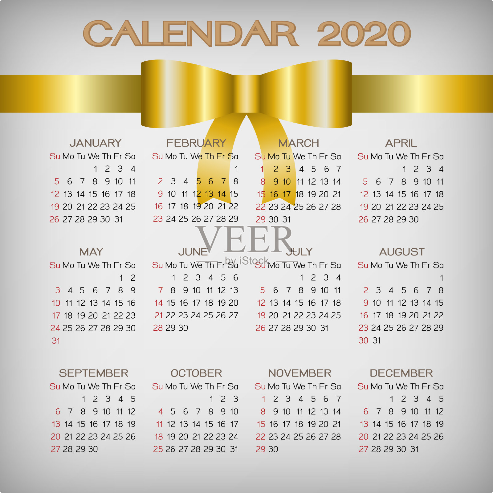 金色丝带2020日历模板插画图片素材