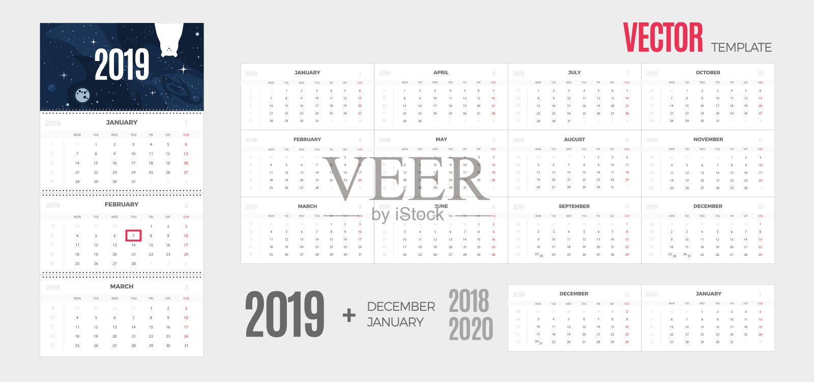 Wall Monthly Calendar 2019年。矢量彩色模板设计模板素材