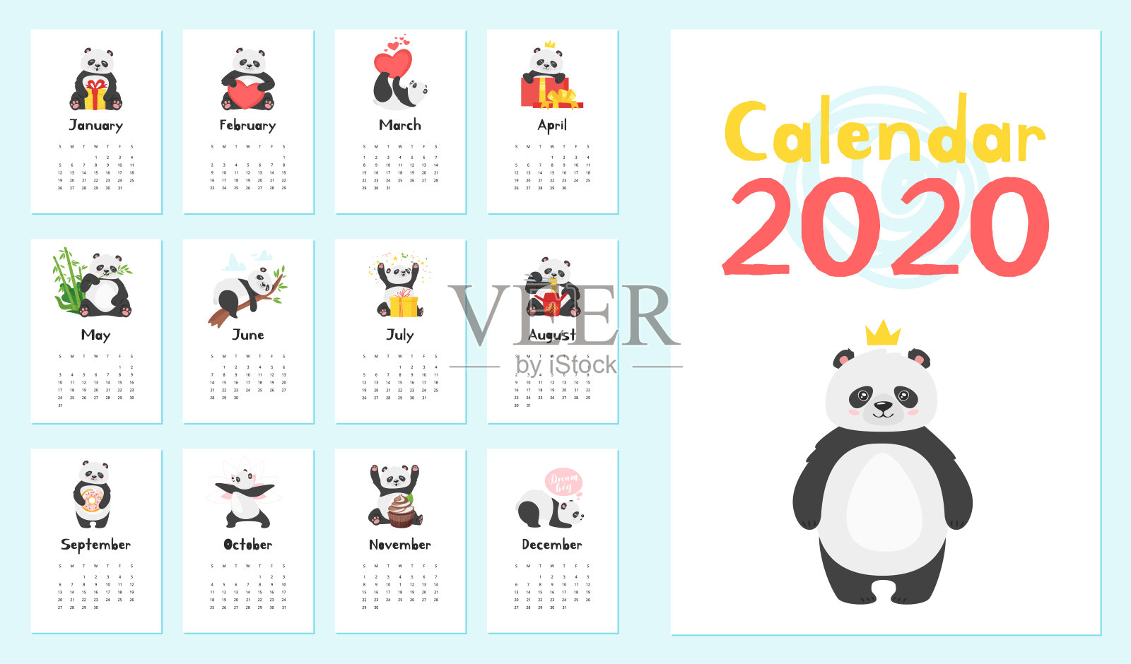 熊猫日历矢量模板集插画图片素材