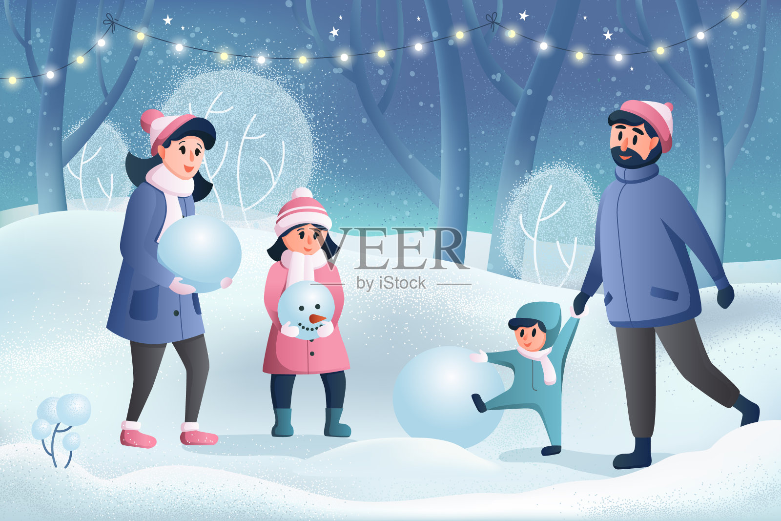 快乐的卡通人物，爸爸妈妈和孩子们在冬天的公园里堆雪人，圣诞快乐，新年快乐。父母和孩子们。家人一起散步。冬季家庭乐趣插画图片素材