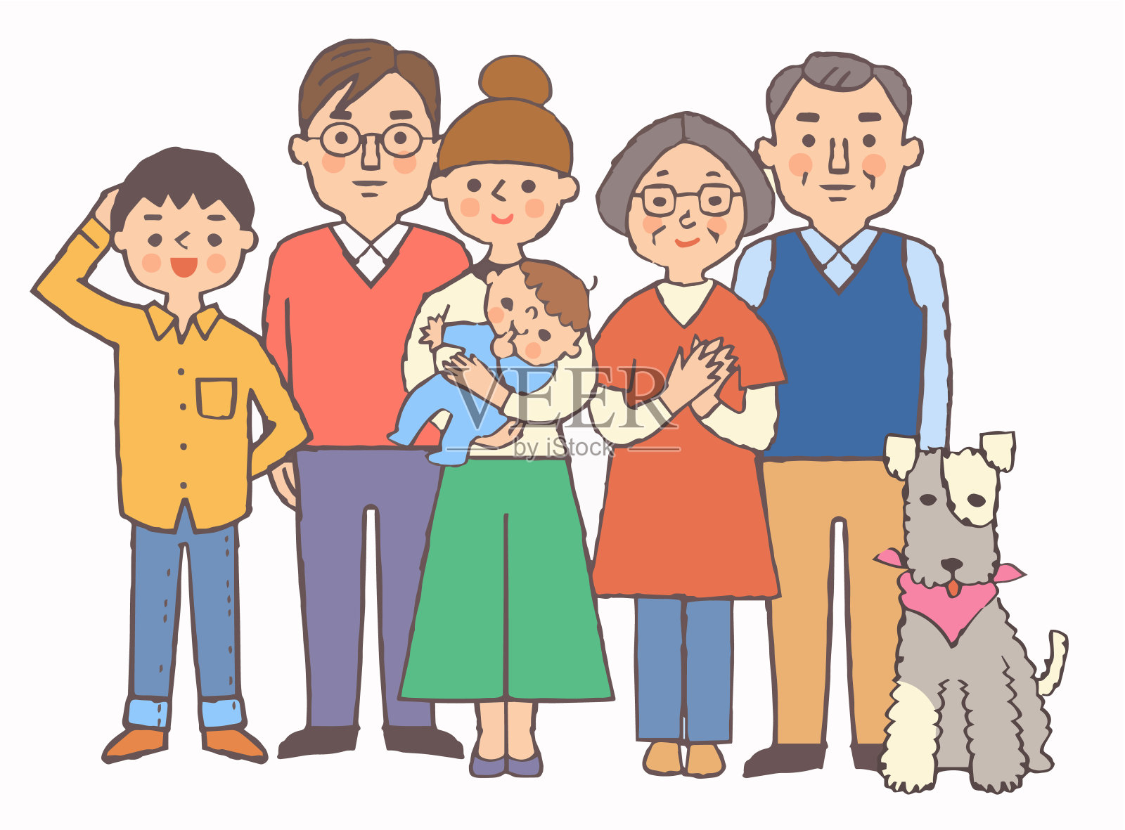微笑3代家庭和狗插画图片素材
