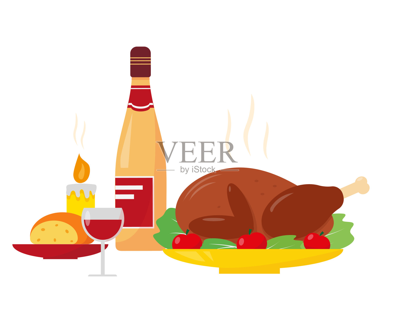 感恩节或圣诞节晚餐的食物和藤。矢量插图孤立在白色背景。设计元素图片