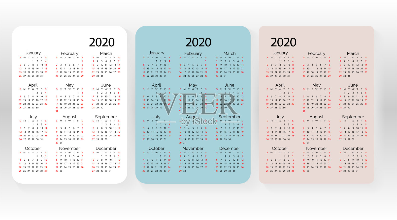 一套2020年矢量口袋日历。简约简洁的简约设计。英语网格，一周从周日开始。设计模板素材