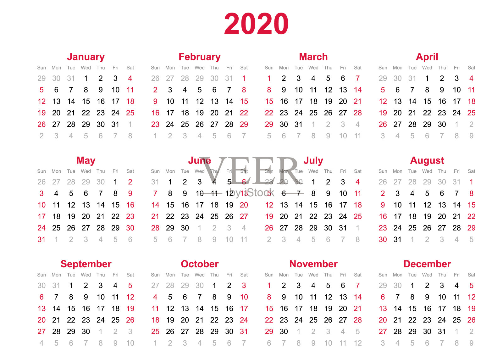 2020年日历。一周从周日开始。12个月的年历矢量模板在白色的背景上。设计模板素材
