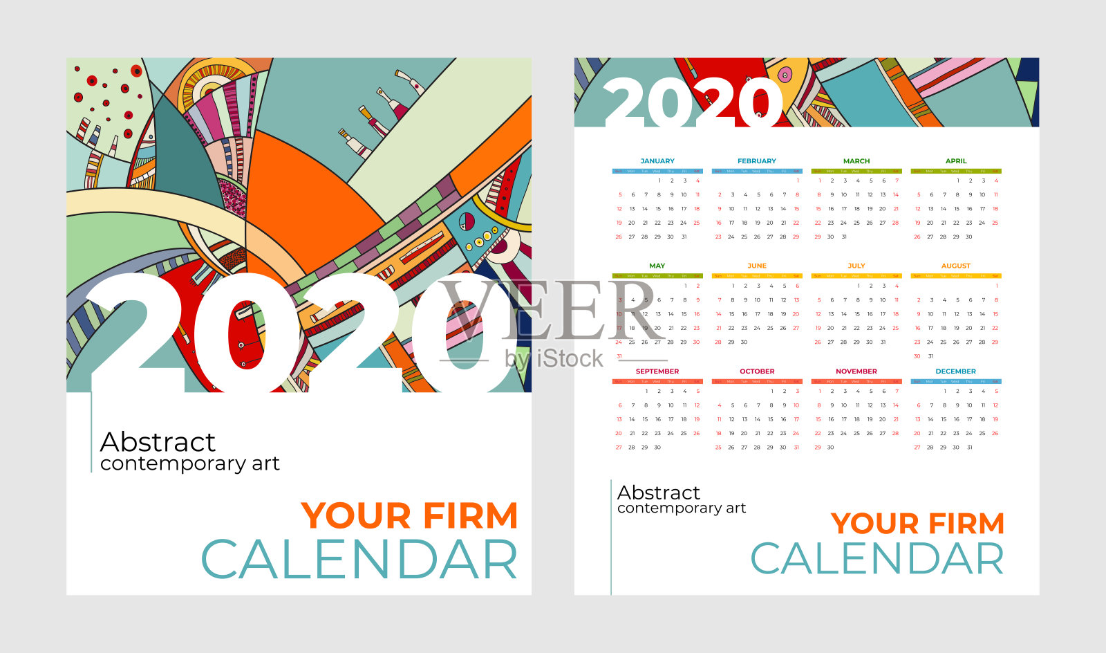 2020年口袋日历抽象当代艺术矢量集。书桌，屏幕，桌面月2020，彩色日历模板设计模板素材
