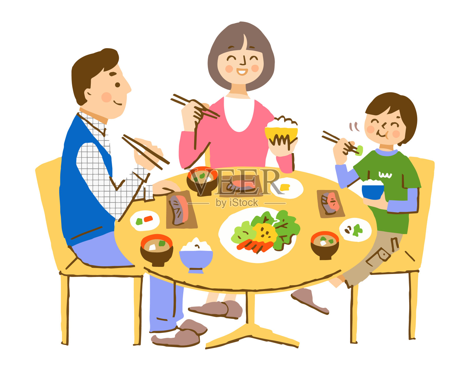 一家三口笑着吃日本菜插画图片素材
