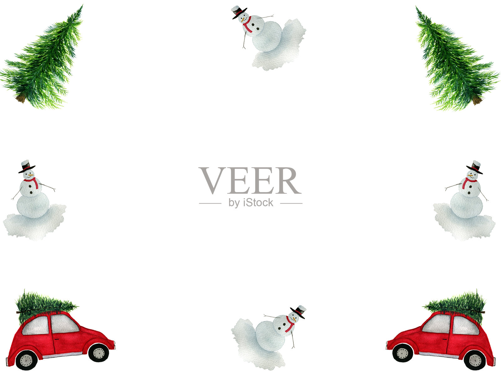 水彩边框与卡通圣诞元素雪人，红色汽车与圣诞树和圣诞树，圣诞框架插图与文本复制空间插画图片素材