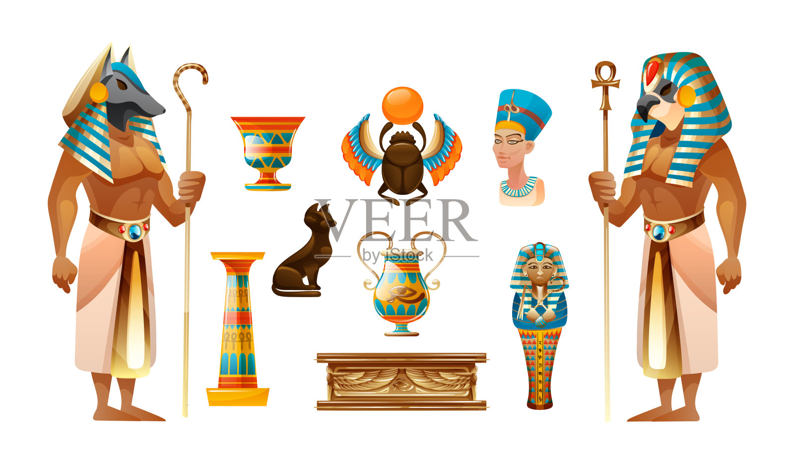 古埃及的象征，神圣的动物，金字塔，坟墓，石棺，十字矢量插画图片素材